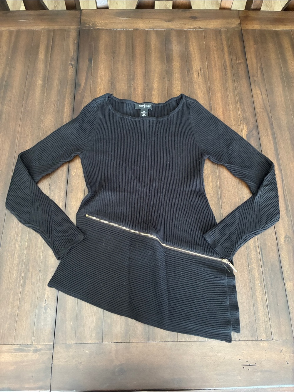 White House Black Market Black Ribbed Crewneck Sweater with Diagonal Zip